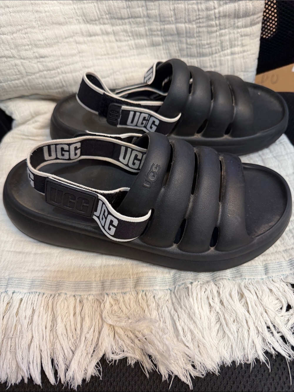UGG women Black Cushioned Slide Sandals with Branded Heel Strap size 8